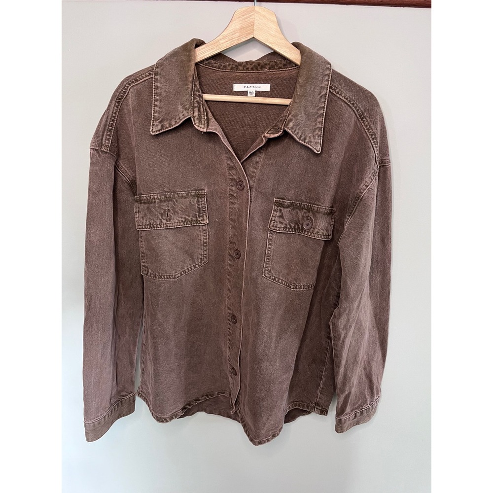PacSun Mens Brown Faded Long Sleeve Button Down Shirt Jacket Size M/L